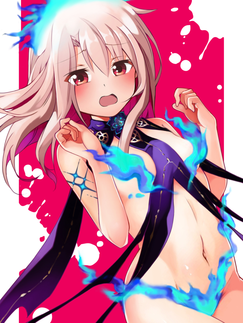 1girl bare_shoulders blue_fire blush body_markings bracelet breasts cosplay earrings fate/kaleid_liner_prisma_illya fate_(series) fire flower hair_between_eyes highres illyasviel_von_einzbern jewelry kama_(fate) kama_(fate)_(cosplay) kama_(swimsuit_avenger)_(third_ascension)_(fate) long_hair looking_at_viewer lotus mochi_(k620803n) multicolored_hair navel open_mouth purple_hair red_eyes revealing_clothes revision ribbon sidelocks small_breasts solo star_(symbol) star_earrings two-tone_hair white_hair