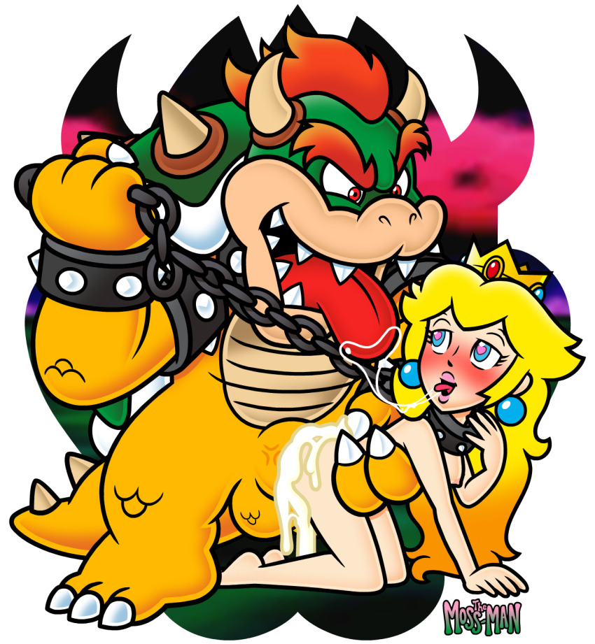 1boy 1girl bowser completely_nude crown cum cum_overflow heart heart-shaped_pupils highres mario_(series) nintendo nude saliva self-upload sex size_difference symbol-shaped_pupils the_moss-man