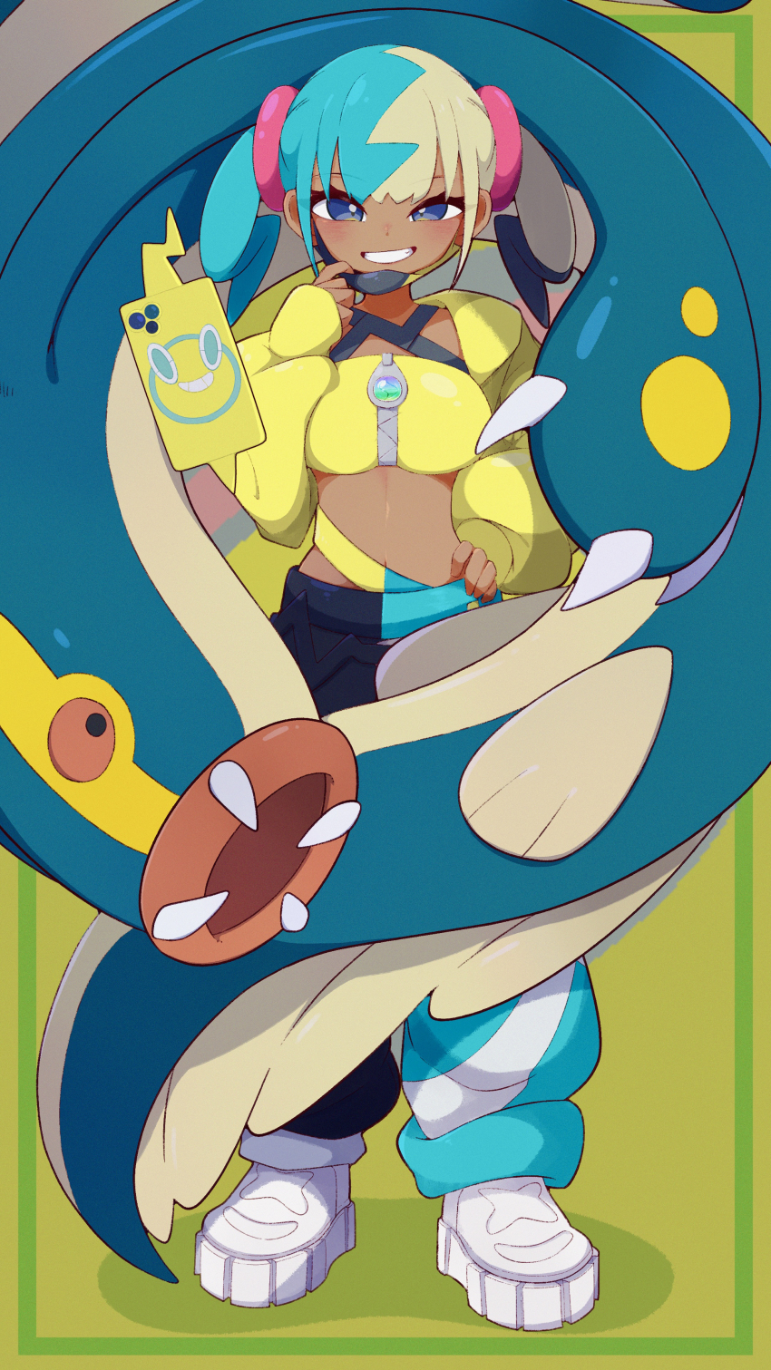 1girl absurdres afuron bandeau blue_eyes canari_(pokemon) commentary_request eelektross gen_4_pokemon gen_5_pokemon grin hand_on_own_hip hand_up highres jacket looking_at_viewer mask mask_pull mouth_mask multicolored_hair nintendo pants pokemon pokemon_legends:_z-a rotom rotom_phone shoes smile standing teeth twintails white_shoes yellow_bandeau yellow_jacket zipper zipper_pull_tab