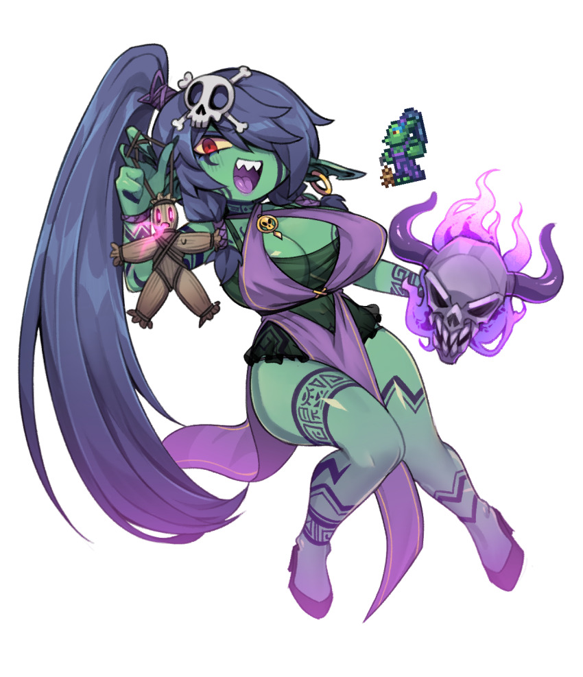 1girl :d black_dress black_hair black_shoes breasts cleavage colored_sclera colored_skin commentary_request criss-cross_halter dress earrings female_goblin fingernails fire flaming_skull floating_skull full_body goblin goblin_warlock green_skin hair_ornament hair_over_one_eye hair_tubes halterneck high_ponytail highres hoop_earrings jewelry korean_commentary large_breasts layered_dress leg_tattoo long_hair looking_at_viewer monster_girl nyong_nyong open_mouth paid_reward_available pelvic_curtain pointy_ears ponytail purple_dress purple_fire red_eyes reference_inset sharp_teeth shoes short_dress sidelocks simple_background skull skull_hair_ornament smile solo straw_doll tattoo teeth terraria tribal_tattoo very_long_hair voodoo_doll white_background yellow_sclera
