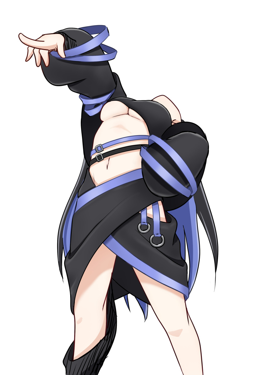 1girl absurdres bandeau belt bent_back black_bandeau black_belt black_hair black_jacket black_skirt blue_belt blue_hair breasts commentary_request cuore_0624 feet_out_of_frame hebiyoi_tier hebiyoi_tier_(1st_costume) highres hip_vent jacket large_breasts leaning_back long_hair long_sleeves multicolored_hair nanashi_inc. open_clothes open_jacket pointing pointing_forward simple_background skirt solo standing two-tone_hair underboob very_long_hair virtual_youtuber