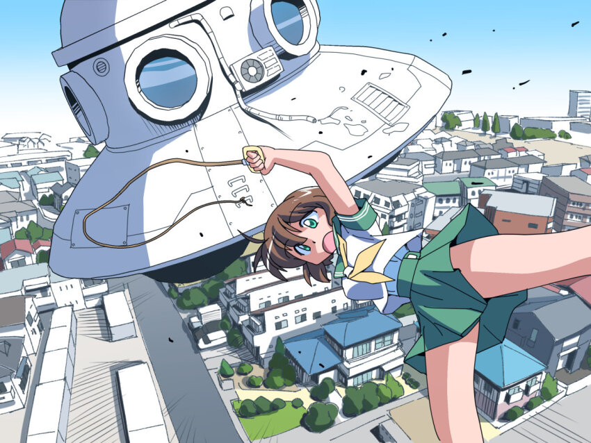 1girl blue_sky brown_hair building city cityscape day flying green_eyes green_skirt hanging_on masuki neckerchief open_mouth original outdoors road rooftop school_uniform serafuku shirt skirt sky solo tree ufo yellow_neckerchief