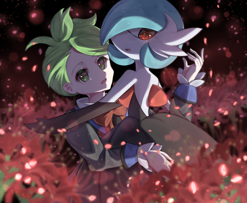 1boy 1girl alternate_color arm_around_waist backless_dress backless_outfit bare_shoulders black_dress black_gloves black_jacket blue_hair blurry blurry_foreground bob_cut bow bowtie colored_skin dancing dress elbow_gloves flower from_behind gardevoir gen_3_pokemon gloves green_eyes green_hair hair_over_one_eye highres jacket long_sleeves looking_at_viewer looking_back looking_down matching_hair/eyes mega_gardevoir mega_pokemon nintendo one_eye_covered open_mouth petals pokemon pokemon_(creature) pokemon_masters_ex red_bow red_bowtie red_flower shiny_pokemon short_hair sideways_mouth spider_lily standing strapless strapless_dress tomu_(adamu_shiny) underlighting upper_body wally_(pokemon) wally_(sygna_suit)_(pokemon) white_skin