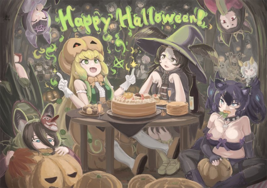 6+girls animal_ears atlantic_puffin_(kemono_friends) australian_devil_(kemono_friends) bat_ears bat_girl bat_wings big_hair bird_wings biting black_hair blackbuck_(kemono_friends) blonde_hair bone_necklace breasts brown_hair brown_long-eared_bat_(kemono_friends) bug cake candy cave cerberus_(kemono_friends) cleavage collar common_vampire_bat_(kemono_friends) dog_ears drink eurasian_eagle_owl_(kemono_friends) extra_ears fangs food food_in_mouth gloves green_hair grin halloween hands_up happy_halloween hat highres hilgendorf&#039;s_tube-nose_bat_(kemono_friends) honduran_white_bat_(kemono_friends) index_finger_raised jack-o&#039;-lantern jack-o&#039;-lantern_(kemono_friends) jungle_crow_(kemono_friends) kemono_friends large_breasts lollipop looking_up malayan_tapir_(kemono_friends) medium_breasts mouth_hold multicolored_hair multiple_girls northern_white-faced_owl_(kemono_friends) ocelot_(kemono_friends) okyao pantyhose pantyhose_under_shorts pig_(kemono_friends) pumpkin pumpkin-shaped_pants pumpkin_hat purple_hair scar scar_across_eye scar_on_face shirt shorts sleeveless sleeveless_shirt smile spider spiked_collar spikes strapless striated_caracara_(kemono_friends) tail tasmanian_devil_(kemono_friends) tube_top two_side_up upside-down wings witch_hat