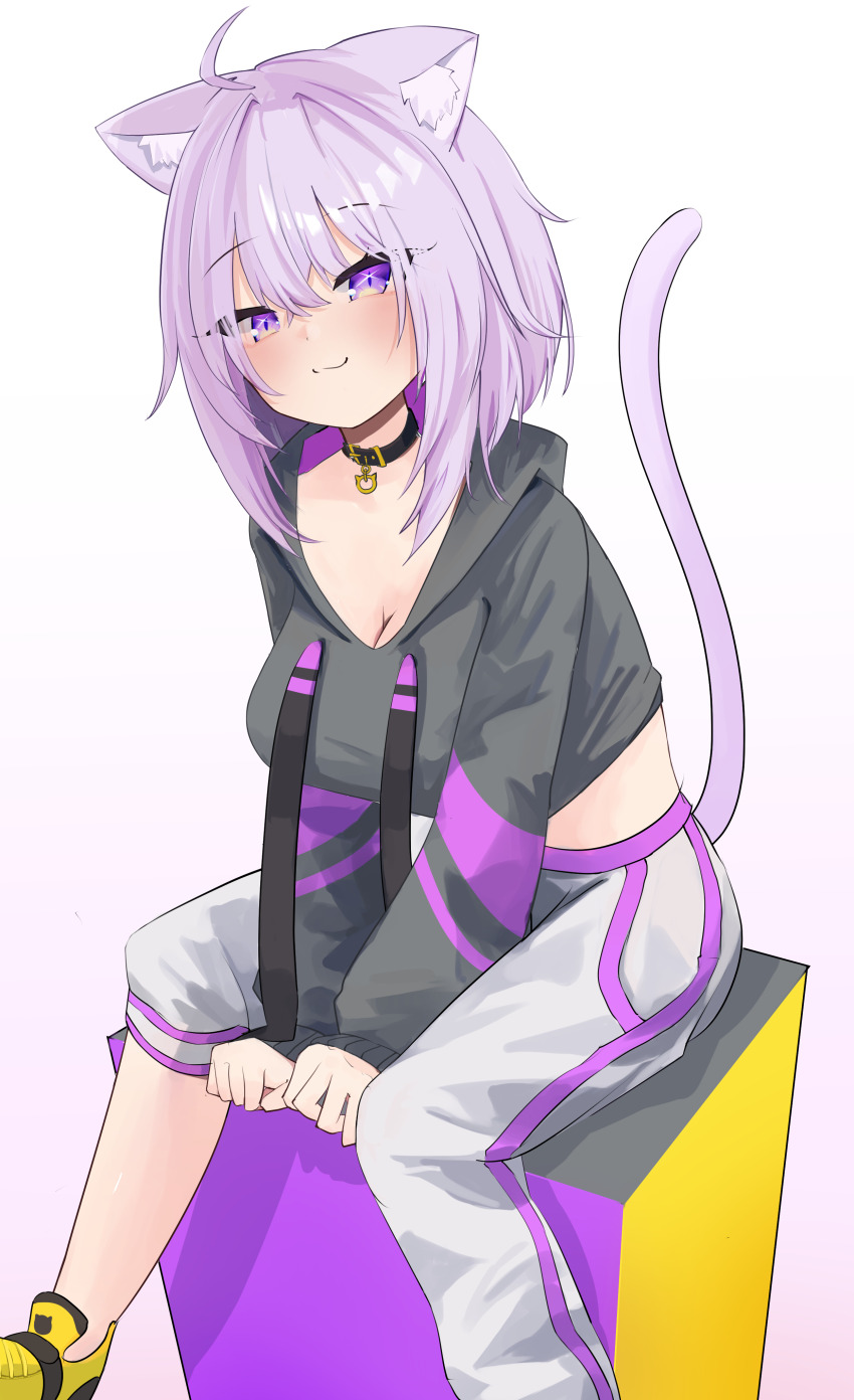 1girl absurdres ahoge animal_ear_fluff animal_ears black_collar black_hoodie breasts cat_ears cat_girl cat_tail cleavage closed_mouth collar highres hololive hood hoodie large_breasts looking_at_viewer nekomata_okayu nekomata_okayu_(1st_costume) pants purple_eyes purple_hair shinonome_zakuro shoes smile solo tail virtual_youtuber white_pants yellow_shoes