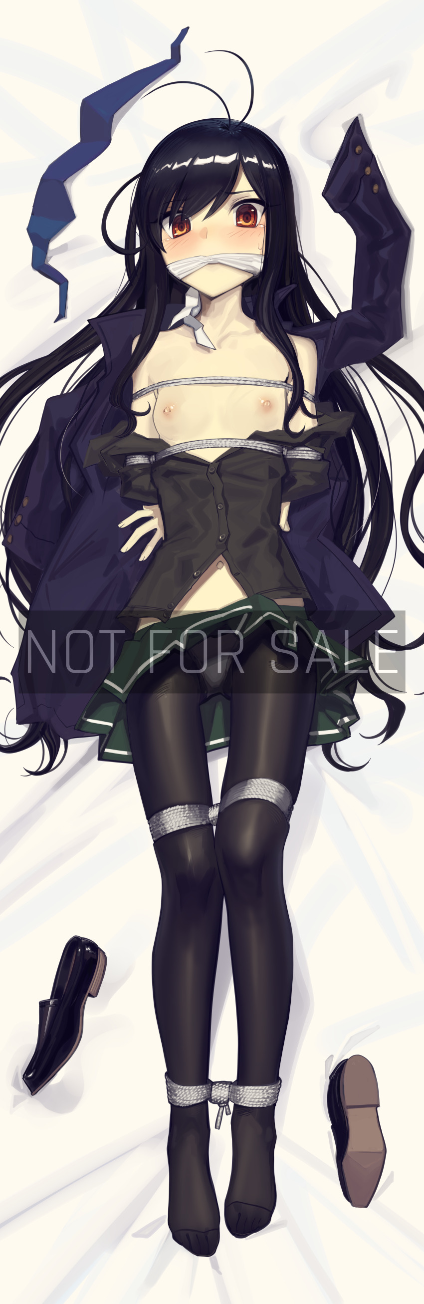 1girl absurdres accel_world antenna_hair arms_behind_back bdsm bed_sheet black_hair black_panties black_pantyhose black_shirt black_shoes blue_jacket bondage bound bound_arms bound_legs breasts cad_(caddo) cloth_gag commentary commission dakimakura_(medium) dress_shirt english_commentary full_body gag gagged green_skirt highres improvised_gag incredibly_absurdres jacket kuroyukihime long_hair looking_at_viewer lying navel nipples not_for_sale on_back orange_eyes panties panties_under_pantyhose pantyhose pleated_skirt rope school_uniform shibari shirt shoes skirt small_breasts solo umesato_middle_school_uniform underwear unworn_shoes