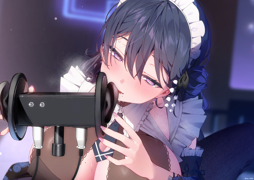 1girl absurdres asmr binaural_microphone black_hair blurry blurry_background blush breasts breath commentary_request commission earrings fingernails hair_between_eyes hair_bun highres huge_breasts indie_virtual_youtuber indoors jewelry long_fingernails long_hair looking_at_viewer maid maid_headdress microphone mole mole_on_breast mole_under_mouth nail_polish nen_0405 open_mouth purple_eyes purple_nails single_side_bun skeb_commission solo sparkle tokiai_misao twitter_username virtual_youtuber