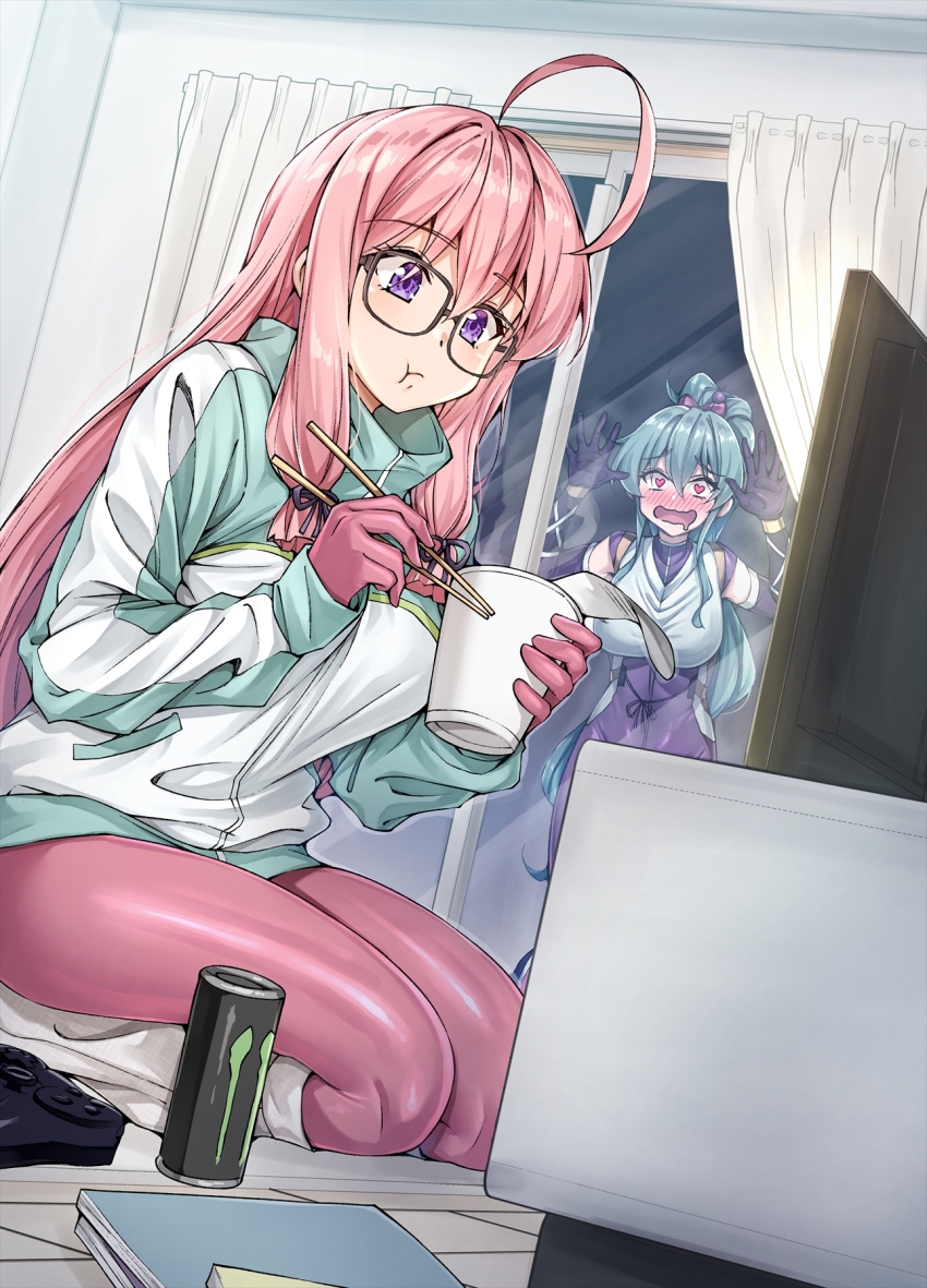 2girls :t ahoge aqua_jacket black-framed_eyewear black_gloves blush bodysuit bodysuit_under_clothes breasts can chopsticks controller cup_ramen drink_can drooling eating elbow_gloves energy_drink game_controller glasses gloves green_hair heart heart-shaped_pupils high_ponytail highres holding holding_chopsticks ideura_shizuri_(neet_kunoichi) indoors jacket koyuki_(kotatsu358) large_breasts leg_warmers long_hair momochi_ayame_(neet_kunoichi) monster_energy multicolored_jacket multiple_girls neet_de_otaku_na_kunoichi_to_naze_ka_dousei_hajimemashita official_art pink_bodysuit pink_hair ponytail purple_bodysuit purple_eyes seiza sitting soda_can symbol-shaped_pupils television two-tone_jacket very_long_hair watching_television white_jacket white_leg_warmers