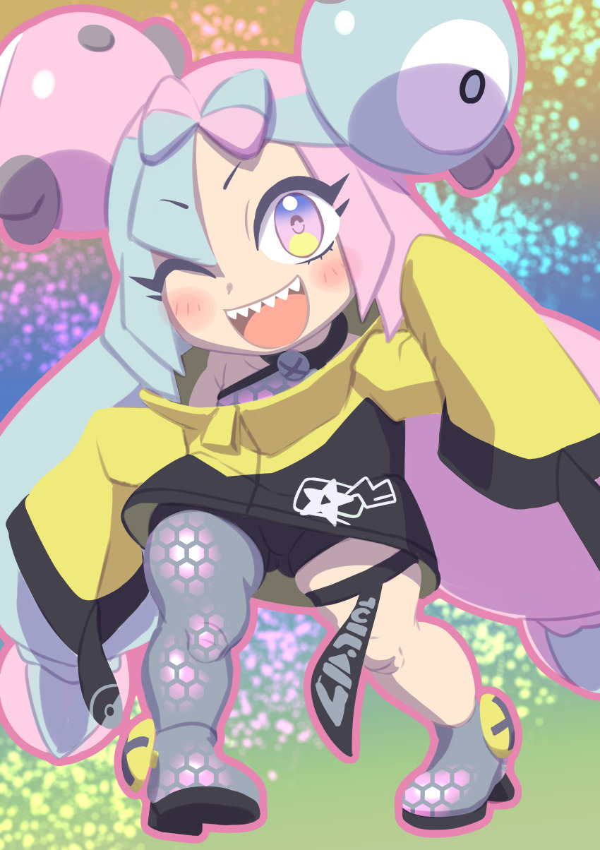 1girl absurdres bow-shaped_hair character_hair_ornament chibi creatures_(company) game_freak grey_pantyhose hair_ornament hexagon_print highres iono_(pokemon) jacket kirimomist long_hair low-tied_long_hair multicolored_hair nintendo oversized_clothes pantyhose pokemon pokemon_sv sharp_teeth single_leg_pantyhose sleeves_past_fingers sleeves_past_wrists split-color_hair teeth two-tone_hair very_long_sleeves x yellow_jacket