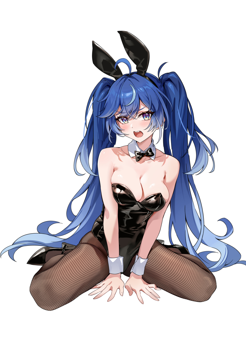 1girl absurdres alternate_costume animal_ears black_leotard black_shoes blue_eyes blue_hair breasts cleavage fake_animal_ears fishnet_pantyhose fishnets high_heels highres iuno_(wuthering_waves) leotard looking_at_viewer medium_breasts open_mouth pantyhose playboy_bunny rabbit_ears shenqi_xiao_hong_zai_nali shoes simple_background solo strapless strapless_leotard twintails white_background wuthering_waves