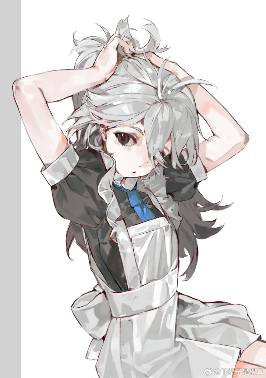 baifeidaiwang black_eyes black_hair blue_bow blue_bowtie bow bowtie dress highres maid multicolored_hair original ponytail watermark white_hair