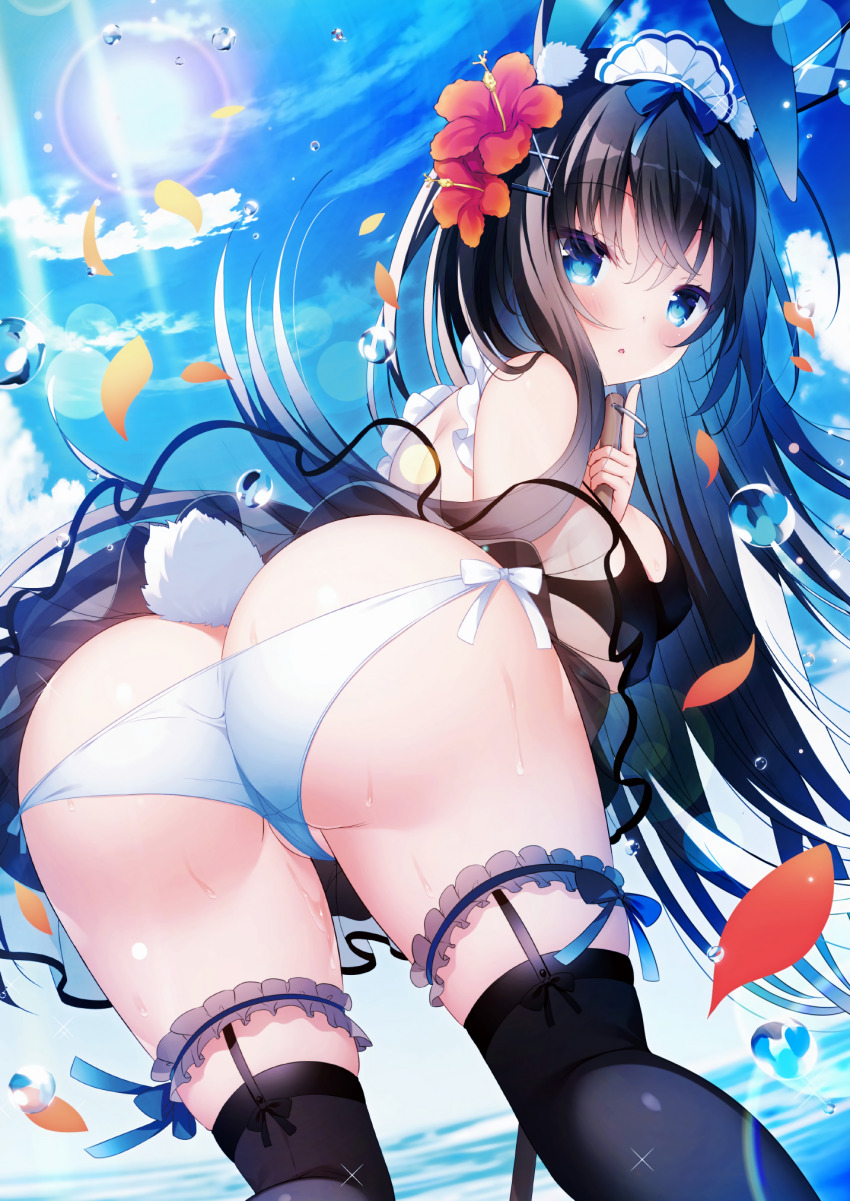 1girl arched_back arm_between_breasts artbook ass bare_shoulders blush breasts butt_crack cleavage flower frilled_skirt frills hair_flower hair_ornament hairpin hanging_breasts headdress headgear highres lace lace_skirt long_hair looking_at_viewer looking_back magazine_(object) magazine_scan medium_breasts melonbooks no_panties no_pants open_mouth scan shiromochi_sakura skirt solo very_long_hair