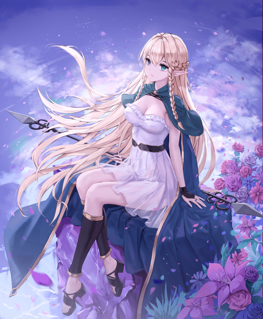 1girl aqua_eyes arm_support black_sandals blonde_hair braid breasts cape cleavage closed_mouth cloud commentary elf eltolinde_(unicorn_overlord) english_commentary falling_petals floating_hair flower frilled_leotard frills full_body gold_trim green_cape hair_between_eyes highres legs leotard leotard_under_clothes long_hair looking_ahead medium_breasts petals pink_flower pink_rose pointy_ears polearm purple_flower purple_rose reflection reflective_water rock rose sandals see-through_clothes see-through_skirt sitting skirt sky solo thighs twin_braids unicorn_overlord vambraces very_long_hair water weapon white_leotard white_skirt yuzuriha_(atelier_liang)