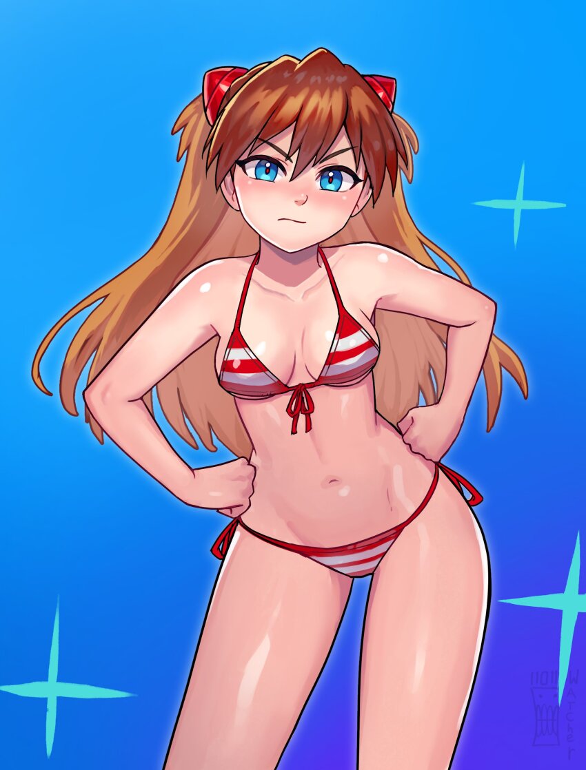 1girl absurdres bikini blue_eyes blush breasts brown_hair hair_ornament hands_on_own_hips highres long_hair looking_at_viewer midriff navel neon_genesis_evangelion orange_hair red_bikini red_pupils solo souryuu_asuka_langley striped_bikini striped_clothes swimsuit two_side_up watcher_hollow