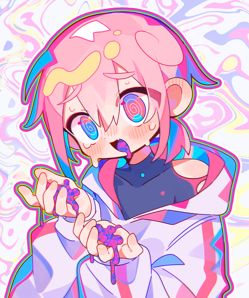 1boy @_@ abstract absurdres acid_trip blue_eyes collarbone colorful commentary_request drooling hair_between_eyes heterochromia highres hood hoodie male_focus mouth_drool multicolored_hair neon_palette original pink_eyes pink_hair psychedelic rainbow raito-kun_(uenomigi) saliva sick solo sweatdrop teardrop uenomigi upper_body vomit vomiting_rainbows white_hoodie