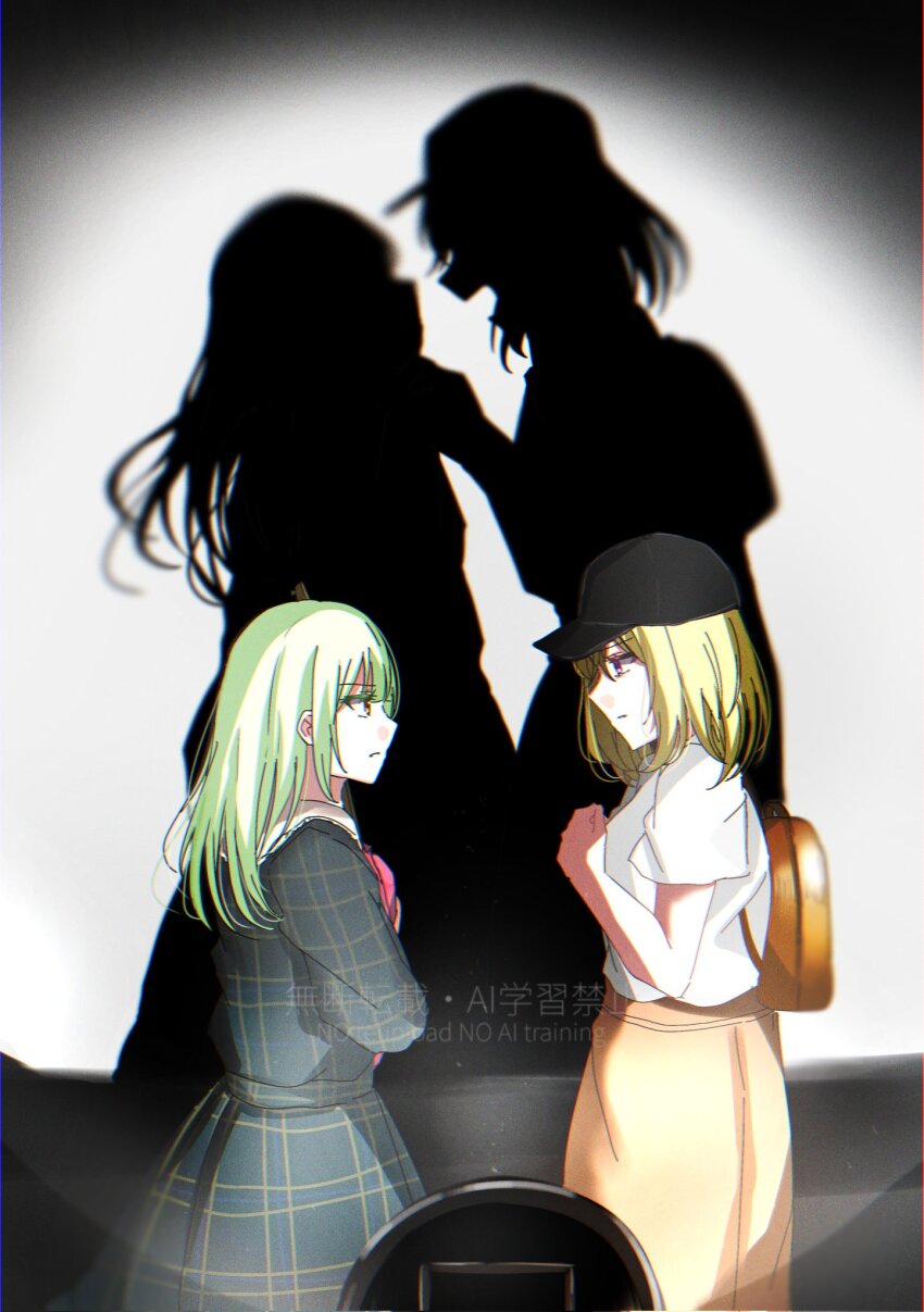 2girls asahi_rise backpack bag bang_dream! bang_dream!_it&#039;s_mygo!!!!! black_hat blonde_hair blue_dress brown_bag clothes_grab collar_grab different_shadow dress eye_contact green_hair hat highres long_hair looking_at_another medium_hair misumi_uika multiple_girls neckwear_grab purple_eyes shirt short_sleeves skirt spoilers wakaba_mutsumi white_shirt yellow_eyes yellow_skirt