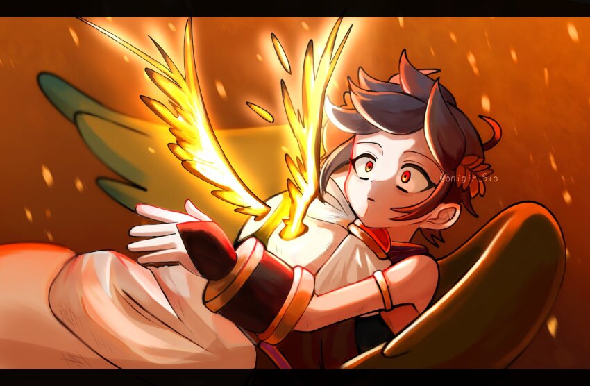 2boys ahoge angel angel_wings black_hair burning dark_pit glowing glowing_wings highres hug kid_icarus kid_icarus_uprising laurel_crown letterboxed male_focus multiple_boys nintendo onigiri_(onigir_sio) pit_(kid_icarus) red_eyes wings