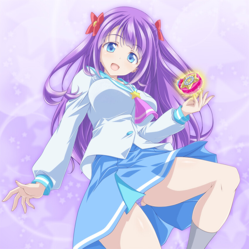 1girl blouse blue_eyes blue_panties blue_sailor_collar blue_skirt bow bowtie commentary crotch_seam grey_socks hair_bow highres kaguya_madoka kikuchi_tsutomu leg_up long_hair long_sleeves looking_at_viewer mihoshi_middle_school_uniform miniskirt neckerchief open_mouth panties pantyshot pink_neckerchief pleated_skirt precure purple_background purple_hair red_bow red_bowtie sailor_collar school_uniform serafuku shirt skirt smile socks solo standing standing_on_one_leg star_(symbol) star_color_pendant star_ornament star_symbol_background star_twinkle_precure underwear white_shirt