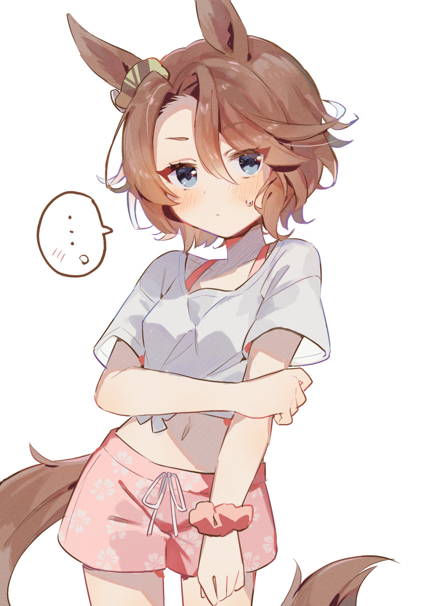 ... 1girl absurdres animal_ears arm_at_side asymmetrical_bangs blue_eyes blush closed_mouth cowboy_shot crop_top drawstring floral_print floral_swimsuit hair_between_eyes hibiscus_print highres holding_own_arm horse_ears horse_girl horse_tail looking_at_viewer male_swimwear narita_taishin_(umamusume) navel pink_male_swimwear pink_swim_trunks print_male_swimwear print_swim_trunks print_swimsuit scrunchie shirt short_sleeves simple_background solo spoken_ellipsis sweatdrop swim_trunks swimsuit tail tied_shirt umamusume usukawa_(uskw_sr) white_background white_shirt wrist_scrunchie