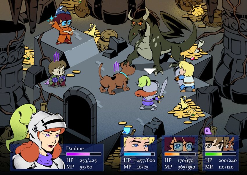 2boys 2girls animal arm_up armor black-framed_eyewear black_gloves black_shoes blonde_hair blue_eyes blue_hat blue_pants blue_shirt book breastplate brown_eyes brown_hair brown_pants chibi coin commentary daphne_blake dark-skinned_female dark_skin dog dragon english_commentary fred_jones gameplay_mechanics glasses gloves gold green_shirt hat health_bar helmet holding holding_book holding_shield holding_sword holding_weapon isometric long_hair multiple_boys multiple_girls officeanomaly on_one_knee open_book orange_eyes pants pauldrons plant_roots plume puffy_short_sleeves puffy_sleeves purple_eyes scooby-doo scooby-doo_(character) scroll shaggy_rogers shield shirt shoes short_sleeves shoulder_armor standing sword tunic velma_dinkley visor_(armor) weapon wizard_hat