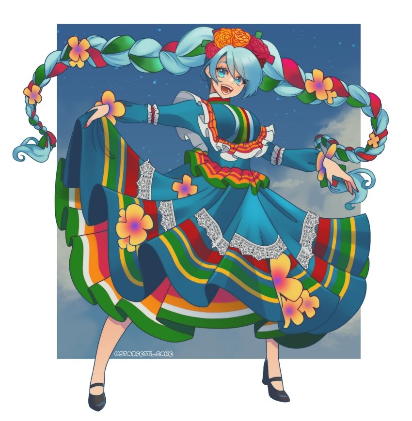 1girl alternate_costume aqua_eyes aqua_hair black_shoes dress flower frills full_body hair_flower hair_ornament hatsune_miku high_heels highres holding holding_unworn_clothes holding_unworn_dress long_hair long_sleeves looking_at_viewer mexican_clothes mexican_dress open_mouth orange_flower orange_rose print_dress red_flower red_rose ribbon_braid rose shoes skirt_hold smile solo standing symrox_jox twitter_username very_long_hair vocaloid
