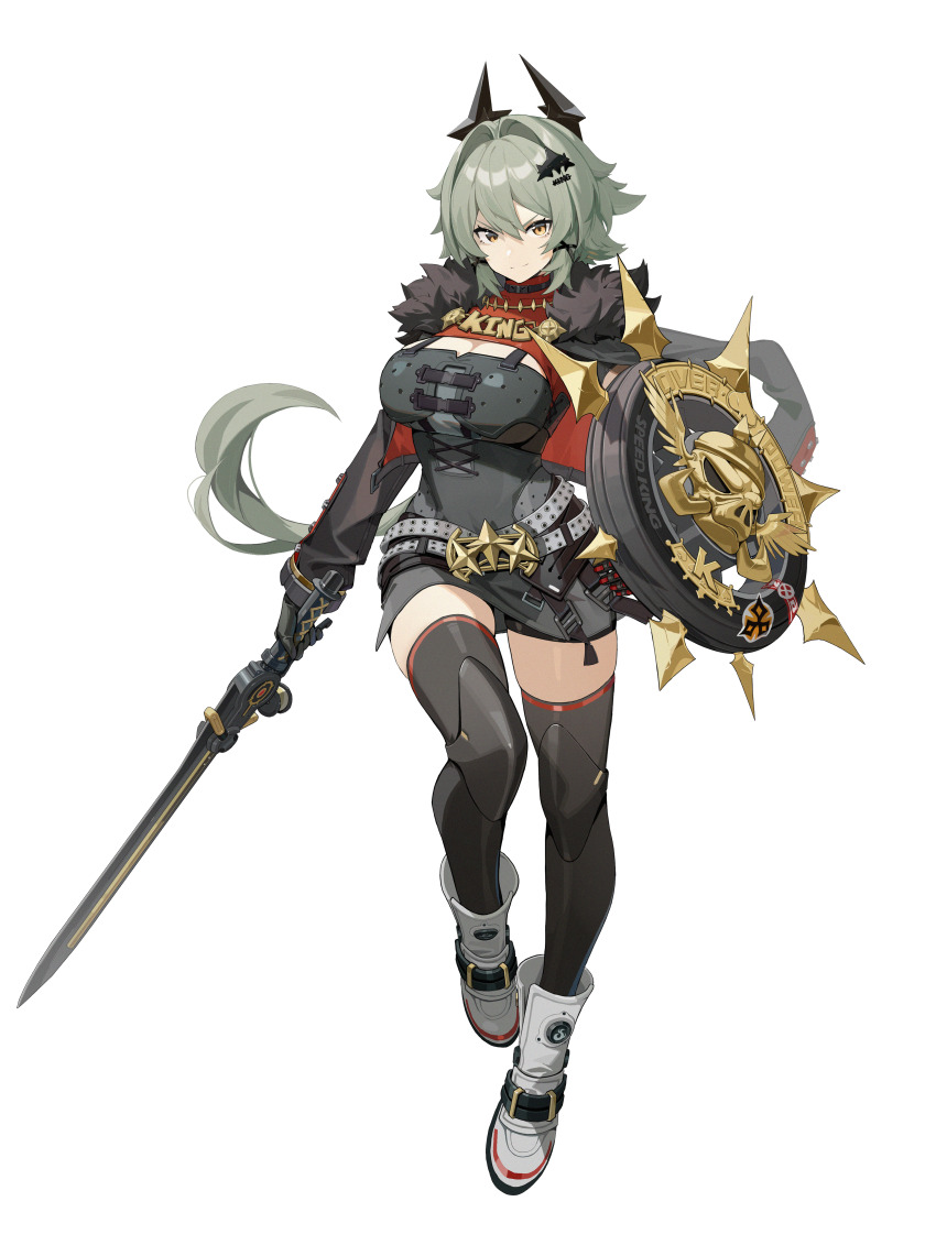 &gt;:) 1girl absurdres belt black_jacket black_thighhighs boots breasts caesar_king_(zenless_zone_zero) chest_guard clasp cleavage collar emblem fake_horns film_grain full_body fur-trimmed_jacket fur_trim gold grey_belt grey_boots grey_hair hair_intakes hair_ornament highres holding holding_shield holding_sword holding_weapon horns improvised_weapon jacket large_breasts logo long_hair looking_at_viewer official_art ponytail prosthesis prosthetic_arm red_jacket shield short_shorts shorts smile solo spiked_shield spikes standing sword thighhighs thighs transparent_background turtleneck unused_tire v-shaped_eyebrows weapon x_hair_ornament yellow_eyes zenless_zone_zero