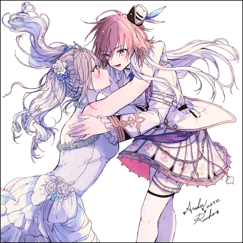 2girls amane_(7783) arms_around_neck bare_shoulders blue_flower brown_hair commentary_request dress elbow_gloves flower gloves grey_hair hair_flower hair_ornament hand_on_another&#039;s_face hat highres idolmaster idolmaster_cinderella_girls jacket kanzaki_ranko long_hair long_sleeves looking_at_another mini_hat multicolored_hair multiple_girls ninomiya_asuka open_mouth pink_eyes purple_dress purple_eyes rose simple_background skirt smile strapless strapless_dress thigh_strap thighhighs twintails two-tone_hair white_background white_flower white_gloves white_hair white_jacket white_rose white_skirt white_thighhighs yuri