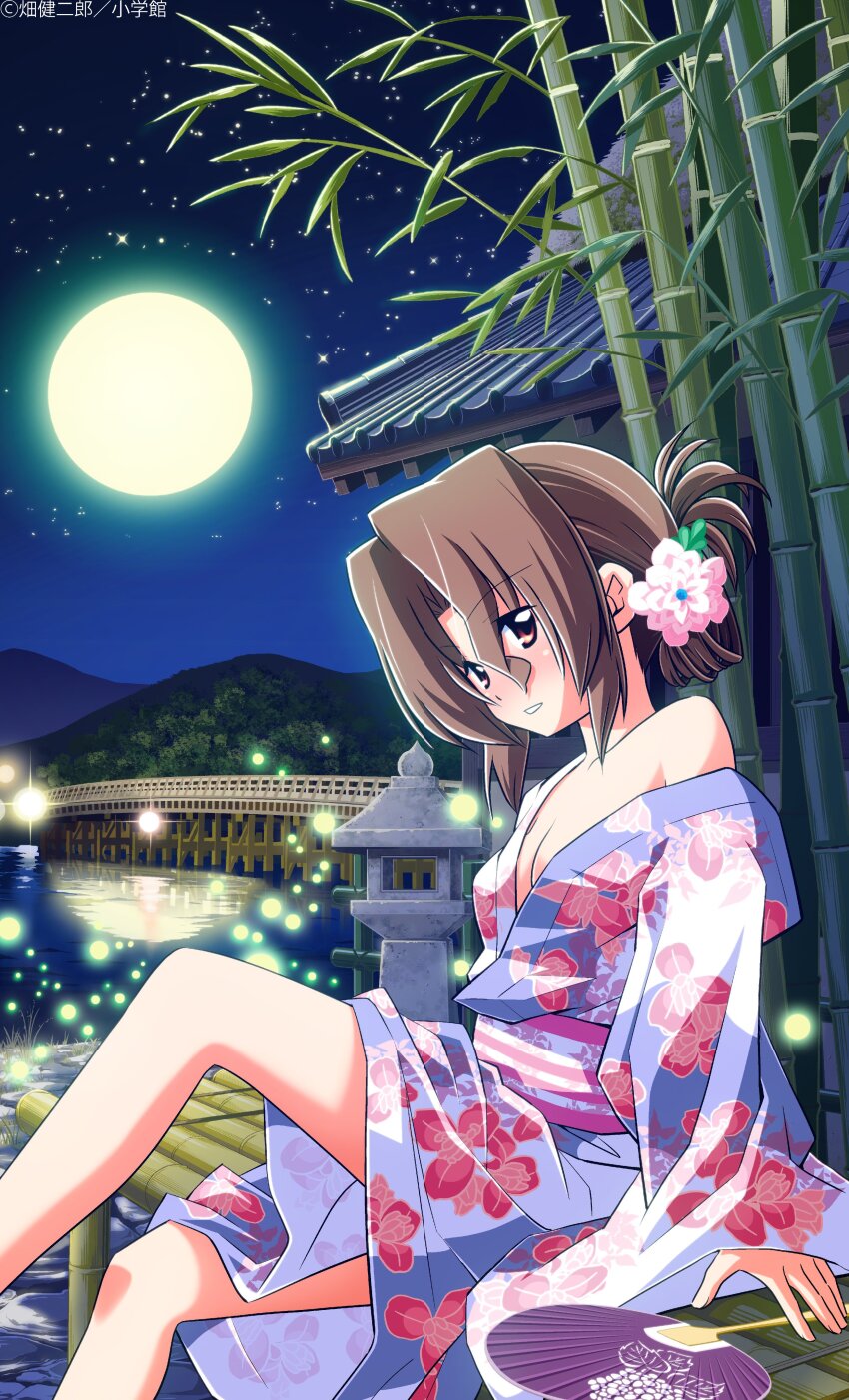 1girl absurdres bamboo bare_shoulders blush breasts bride brown_hair bug cleavage collarbone firefly folded_ponytail hair_ornament hand_fan hata_kenjirou hayate_no_gotoku! highres insect japanese_clothes kimono legs long_hair looking_at_viewer maria_(hayate_no_gotoku!) medium_breasts moon mountain night night_sky official_art outdoors red_eyes river sitting sky smile solo star_(sky) starry_sky strap_slip thighs