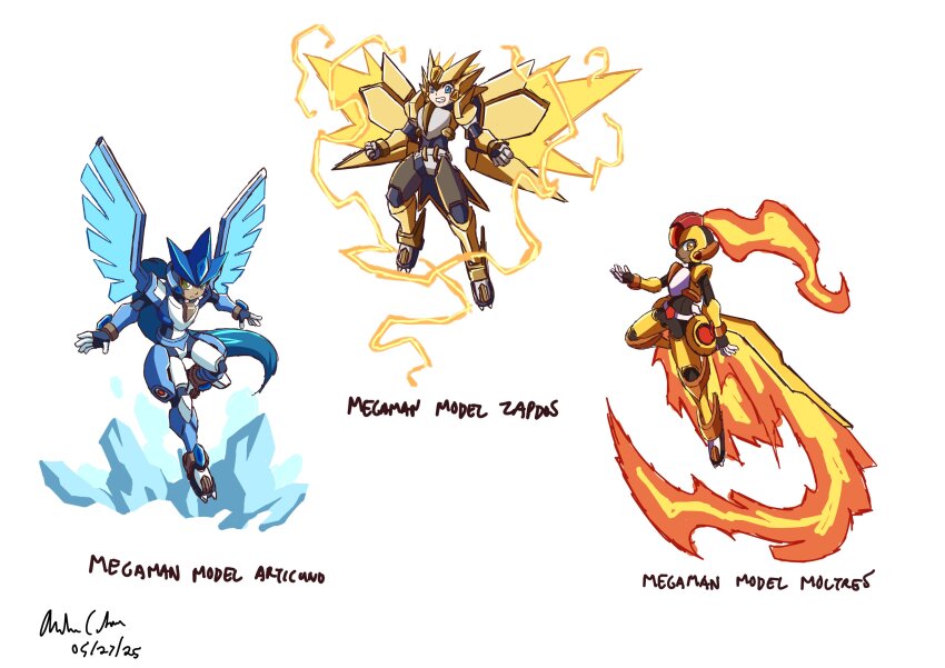 3others absurdres armor articuno articuno_(cosplay) blue_armor blue_helmet blue_wings character_name cosplay crossover dark_skin dated electricity fiery_wings fire forehead_jewel gen_1_pokemon helmet highres ice innovator123 legendary_pokemon low_wings mechanical_wings mega_man_(series) mega_man_zx moltres moltres_(cosplay) multiple_others nintendo orange_armor orange_helmet pokemon power_armor signature wings yellow_helmet yellow_wings zapdos zapdos_(cosplay)