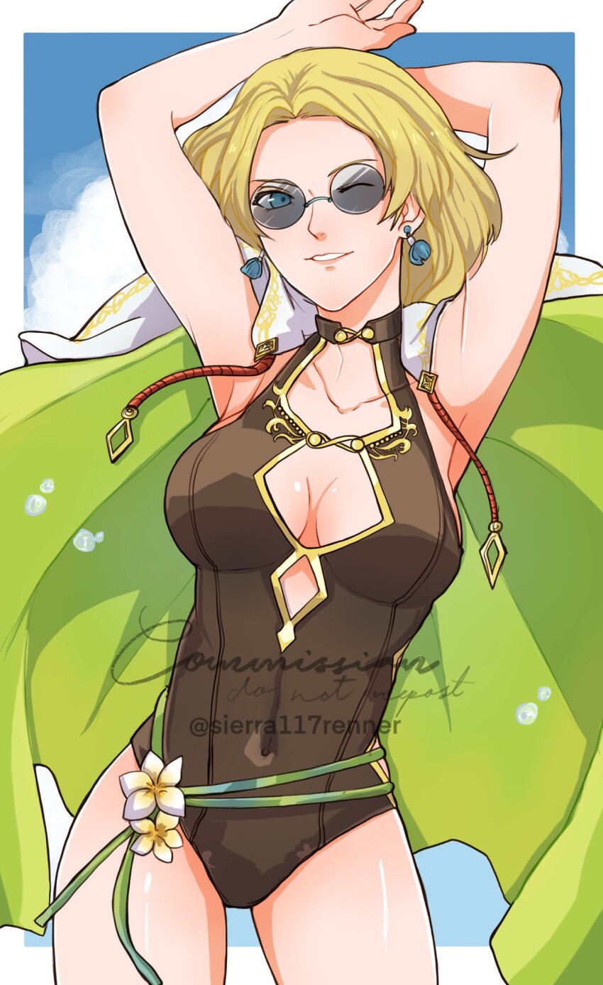 1girl arms_up blonde_hair blue_eyes breasts brown_one-piece_swimsuit cape collarbone commission covered_navel earrings fire_emblem fire_emblem:_the_sacred_stones fire_emblem_heroes green_cape highres jewelry medium_breasts nintendo official_alternate_costume one-piece_swimsuit one_eye_closed selena_(fire_emblem:_the_sacred_stones) selena_(summer)_(fire_emblem:_the_sacred_stones) sierra117renner smile sunglasses swimsuit