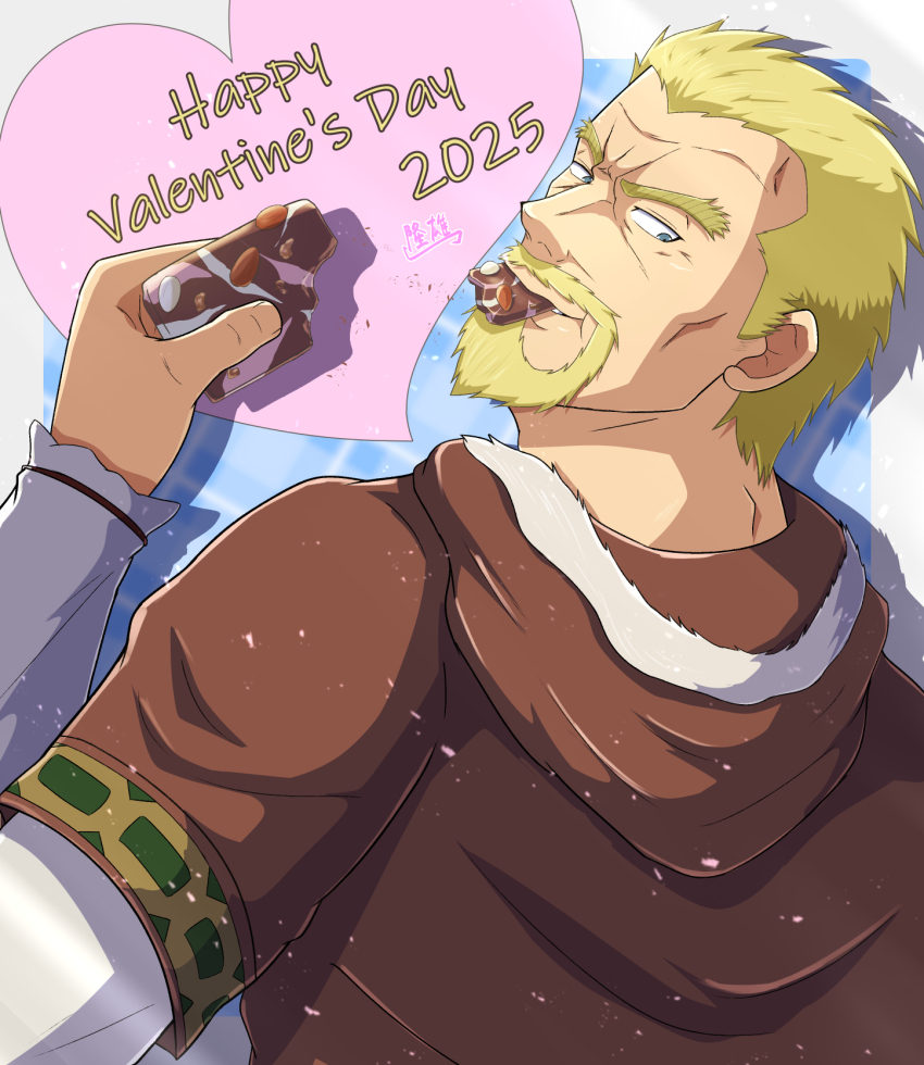 1boy askeladd beard blonde_hair blue_eyes chocolate eating facial_hair happy_valentine heart highres hood hood_down looking_at_viewer looking_back male_focus solo thick_eyebrows vinland_saga zeff_ozaki