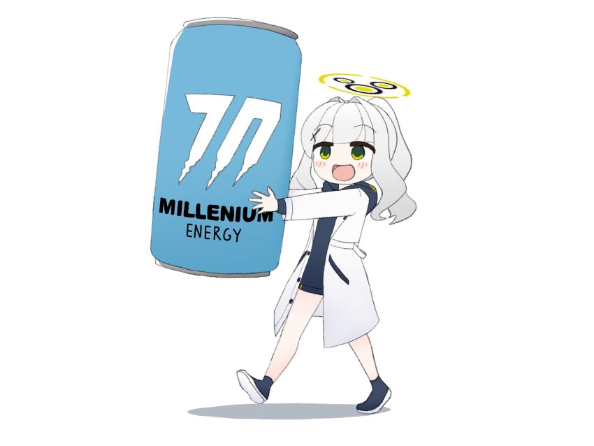 1girl blue_archive blue_hoodie blush brand_name_imitation can green_eyes grey_hair hair_intakes halo hare_(blue_archive) highres holding holding_can hood hood_down hoodie kutsusama lab_coat looking_at_viewer mini_person minigirl monster_energy open_mouth outstretched_arms ponytail shadow shoes simple_background smile sneakers solo walking white_background