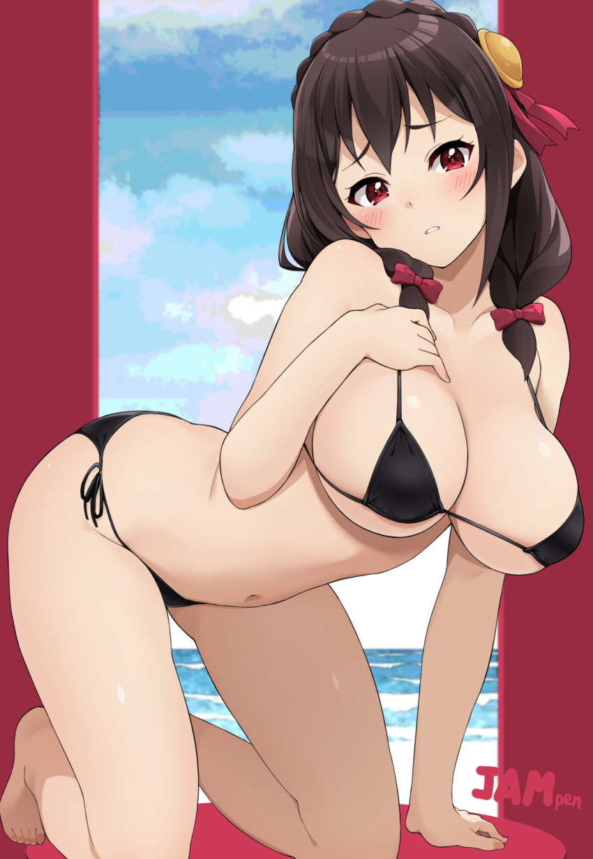 1girl all_fours bikini black_bikini blush bow braid breasts brown_hair hair_bow hair_ornament hand_on_own_chest highres jampen kono_subarashii_sekai_ni_shukufuku_wo! large_breasts long_hair looking_at_viewer low_twintails navel red_bow red_eyes solo swimsuit twintails yunyun_(konosuba)