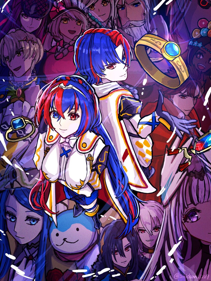 alfonse_(fire_emblem) asymmetrical_hair black_hair blonde_hair blue_eyes blue_hair blunt_bangs braid circlet clanne_(fire_emblem) closed_mouth crossed_bangs crown crown_braid dark-skinned_female dark_skin diamant_(fire_emblem) dual_persona facial_hair female_alear_(fire_emblem) fire_emblem fire_emblem_engage framme_(fire_emblem) hair_between_eyes hair_ornament hat heterochromia highres ivy_(fire_emblem) jewelry long_hair long_sleeves lumera_(fire_emblem) male_alear_(fire_emblem) matching_hair/eyes multicolored_hair multiple_boys multiple_girls nel_(fire_emblem) nintendo open_mouth purple_eyes purple_hair rafal_(fire_emblem) red_eyes red_hair ring shidanna1227 short_hair sombron_(fire_emblem) sommie_(fire_emblem) split-color_hair tiara timerra_(fire_emblem) two-tone_hair vander_(fire_emblem) veyle_(fire_emblem) white_hair yellow_eyes