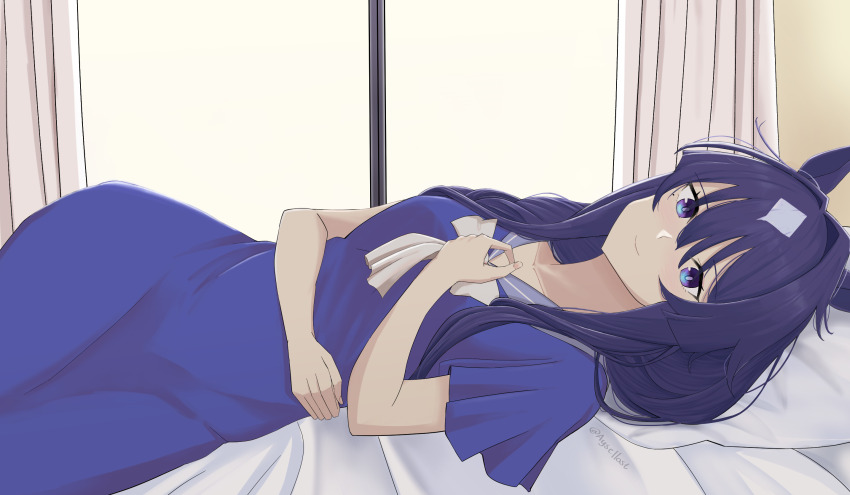 1girl animal_ears aysellost bed blue_dress blue_eyes blue_hair curtains dress hair_between_eyes hair_intakes highres horse_ears horse_girl long_hair looking_at_viewer loungewear lying mole mole_under_eye on_back pillow short_sleeves solo twitter_username umamusume verxina_(umamusume) window