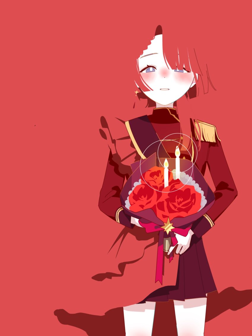 1girl arimura_mao black_sash black_skirt blending blue_eyes blunt_bangs blunt_ends blush bouquet candle commentary_request cowboy_shot earrings epaulettes flower frills gakuen_idolmaster half-skirt highres holding holding_bouquet idol_clothes idolmaster jewelry long_sleeves looking_at_viewer nez_87gi nose_blush official_alternate_costume open_mouth overskirt red_background red_flower red_hair red_rose red_shirt red_skirt red_theme rose sash shirt short_hair simple_background skirt solo standing