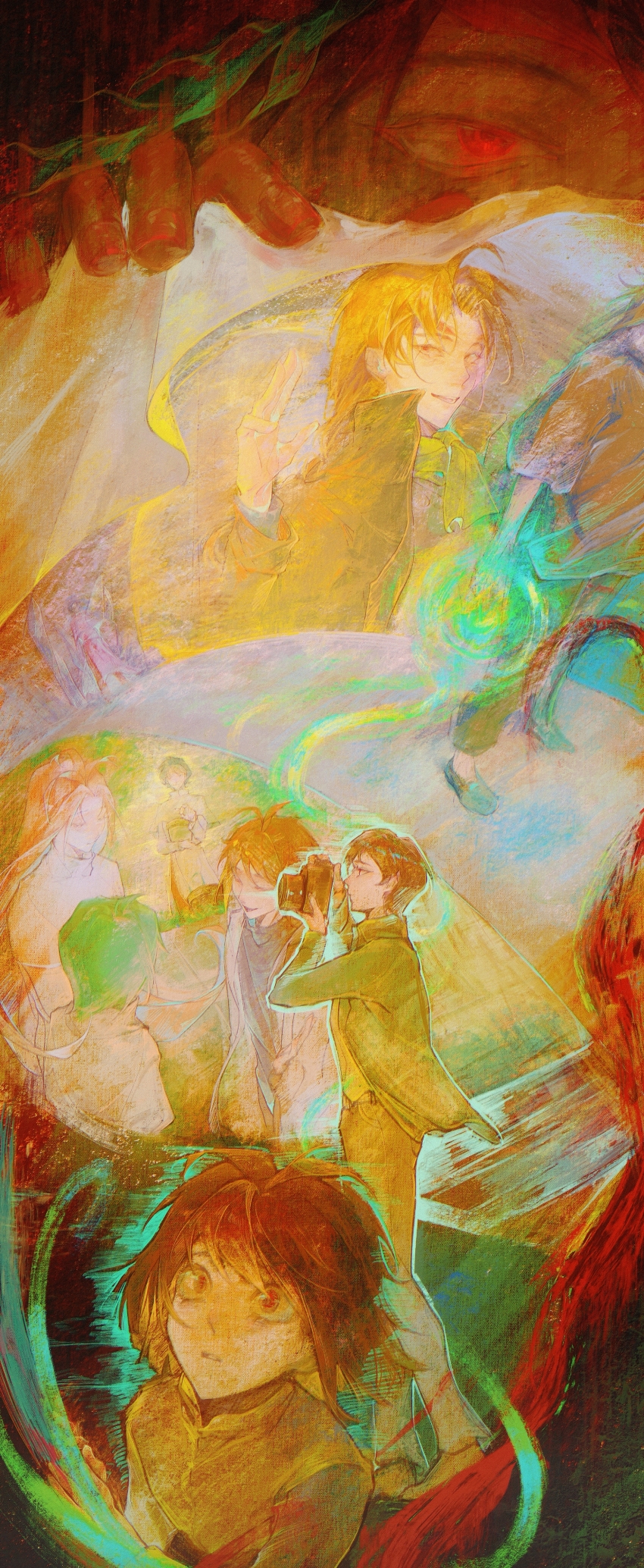 1girl 3boys absurdres ahoge black_jacket black_pants brown_hair brown_shirt camera chinese_commentary closed_eyes closed_mouth commentary_request flower_pot green_hair green_jacket green_scarf grey_shirt hand_up harada_minoru hatsutori_hajime highres holding holding_camera holding_flower_pot hua_(qingmeiranshuangxue) isoi_rai jacket laurel_crown long_hair long_sleeves medium_hair multiple_boys multiple_views open_clothes open_jacket open_mouth pants pink_hair red_eyes saibou_shinkyoku scarf shirt short_hair short_sleeves smile utsugi_noriyuki wide-eyed yellow_shirt