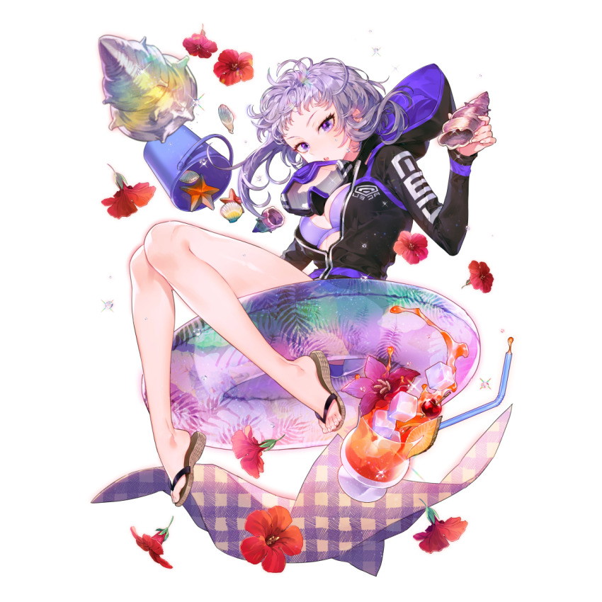 1girl artist_request bare_legs bikini black_hood black_jacket black_sleeves blanket brown_sandals cherry conch cup drink drinking_straw falling falling_flower final_gear floating floating_object floral_print flower food fruit grey_hair highres holding holding_shell hood hooded_jacket horizontal-striped_jacket horizontal-striped_sleeves ice inflatable_toy innertube jacket lens_flare long_sidelocks long_sleeves official_art open_clothes open_jacket pink_flower purple_bikini red_flower sandals seashell see-through_clothes shell short_hair sidelocks snorkel_mask solo sparkle starfish swim_ring swimsuit tachi-e third-party_source toes transparent_background zero_(final_gear) zipper