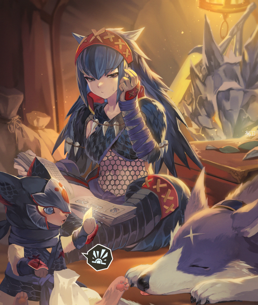 1girl absurdres armor black_eyes blue_hair book canyne closed_mouth dark_blue_hair felyne fishnets hairband hand_up highres indian_style kiriyama2109 long_hair monster_hunter_(series) monster_hunter_rise nargacuga_(armor) reading sitting solo sweatdrop