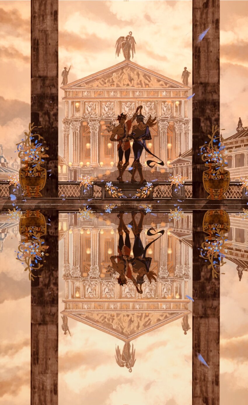 2boys angel angel_wings arm_up bare_pectorals black_hair black_pants black_robe blue_flower cloud cloudy_sky commentary couple dancing english_text floating_clothes flower greco-roman_clothes hades_(series) hades_1 highres holding_hands jewelry male_focus multiple_boys necklace pants pectorals pillar plant potted_plant pottery red_robe reflection reflective_water robe short_hair single_off_shoulder sky spiked_hair statue thanatos_(hades) water wings yaoi zagreus_(hades) zheyuanyuan