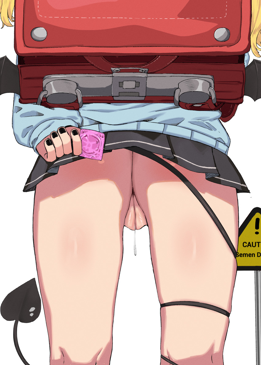 1girl anus ass backpack bag bat_wings black_nails black_skirt black_tail black_wings blonde_hair blue_archive blue_sweater censored clothes_lift commentary condom condom_wrapper demon_girl demon_tail demon_wings doodle_sensei_(blue_archive) english_commentary english_text from_behind highres ibuki_(blue_archive) kitavana loli long_hair long_sleeves miniskirt mosaic_censoring nail_polish pleated_skirt pussy pussy_juice pussy_juice_trail randoseru red_bag sensei_(blue_archive) simple_background skirt skirt_lift sleeves_past_wrists solo sweater tail tail_wrap variant_set white_background wings