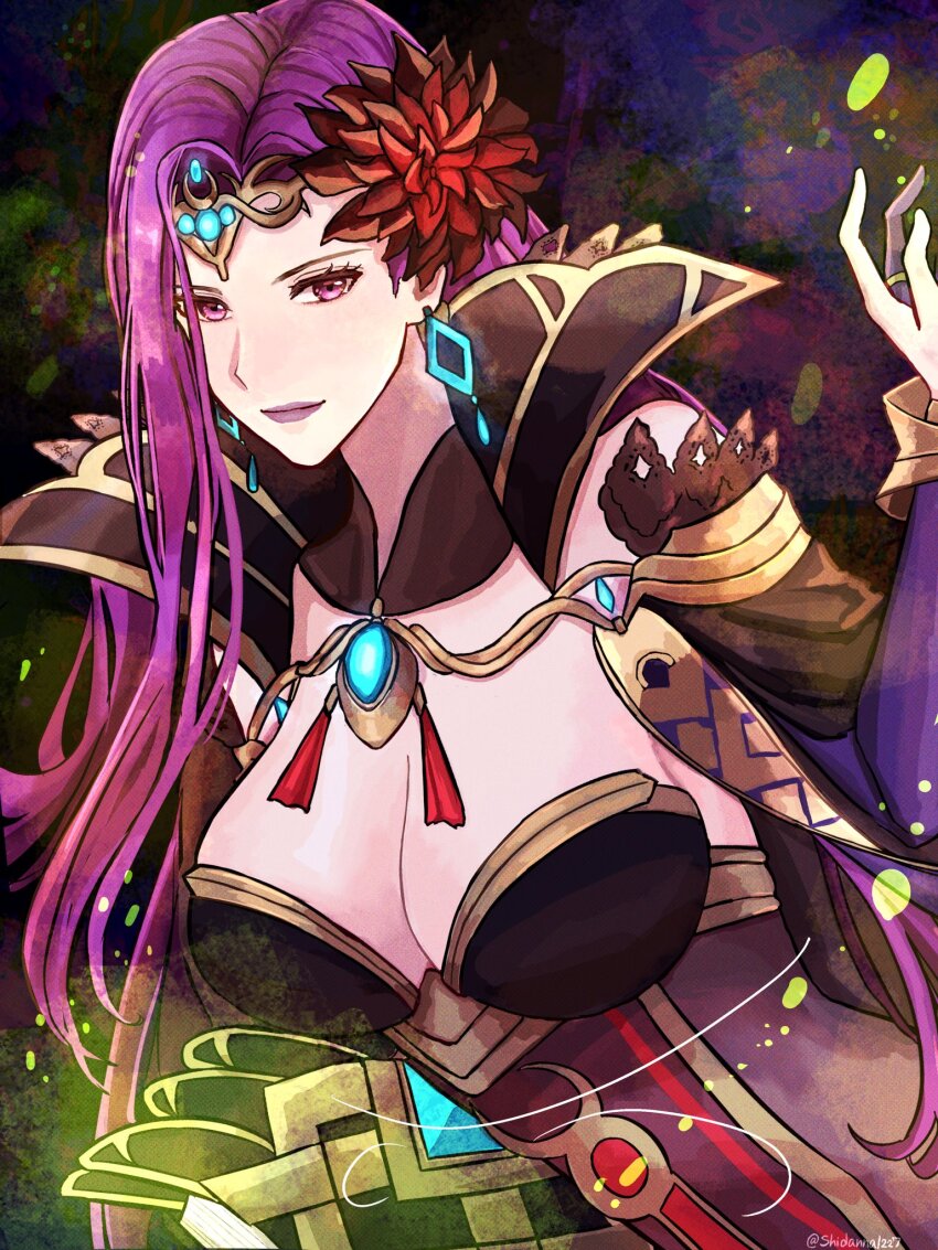 1girl blue_gemstone breasts bridal_gauntlets circlet cleavage detached_sleeves diamond_earrings dress earrings fire_emblem fire_emblem_echoes:_shadows_of_valentia fire_emblem_heroes flower gem gold_trim hair_flower hair_ornament high_collar highres jewelry large_breasts long_hair looking_at_viewer magic makeup mature_female nintendo official_alternate_costume purple_eyes purple_hair purple_lips shidanna1227 solo sonya_(beautiful_mage)_(fire_emblem) sonya_(fire_emblem_gaiden)