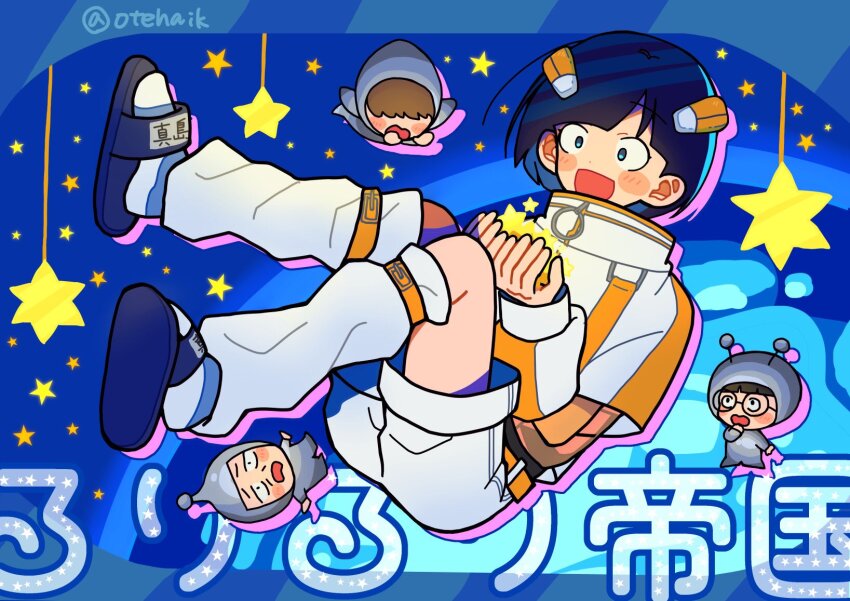 1girl 3boys :d alien_costume belt black_hair blue_background blue_eyes blue_sandals blunt_bangs blush bodysuit brown_hair chibi commentary_request full_body futsuu_no_keion-bu grey_bodysuit group_name hairpods high_collar highres holding holding_star jacket leg_warmers long_sleeves majima_ruri makita_sohei multiple_boys name_tag nishiyama_kanji official_alternate_costume open_mouth orange_belt orange_jacket otehaik round_eyewear ruri_ruri_empire_(futsuu_no_keion-bu) sandals shindo_alan shorts slides smile socks star_(symbol) twitter_username white_jacket white_leg_warmers white_shorts white_socks