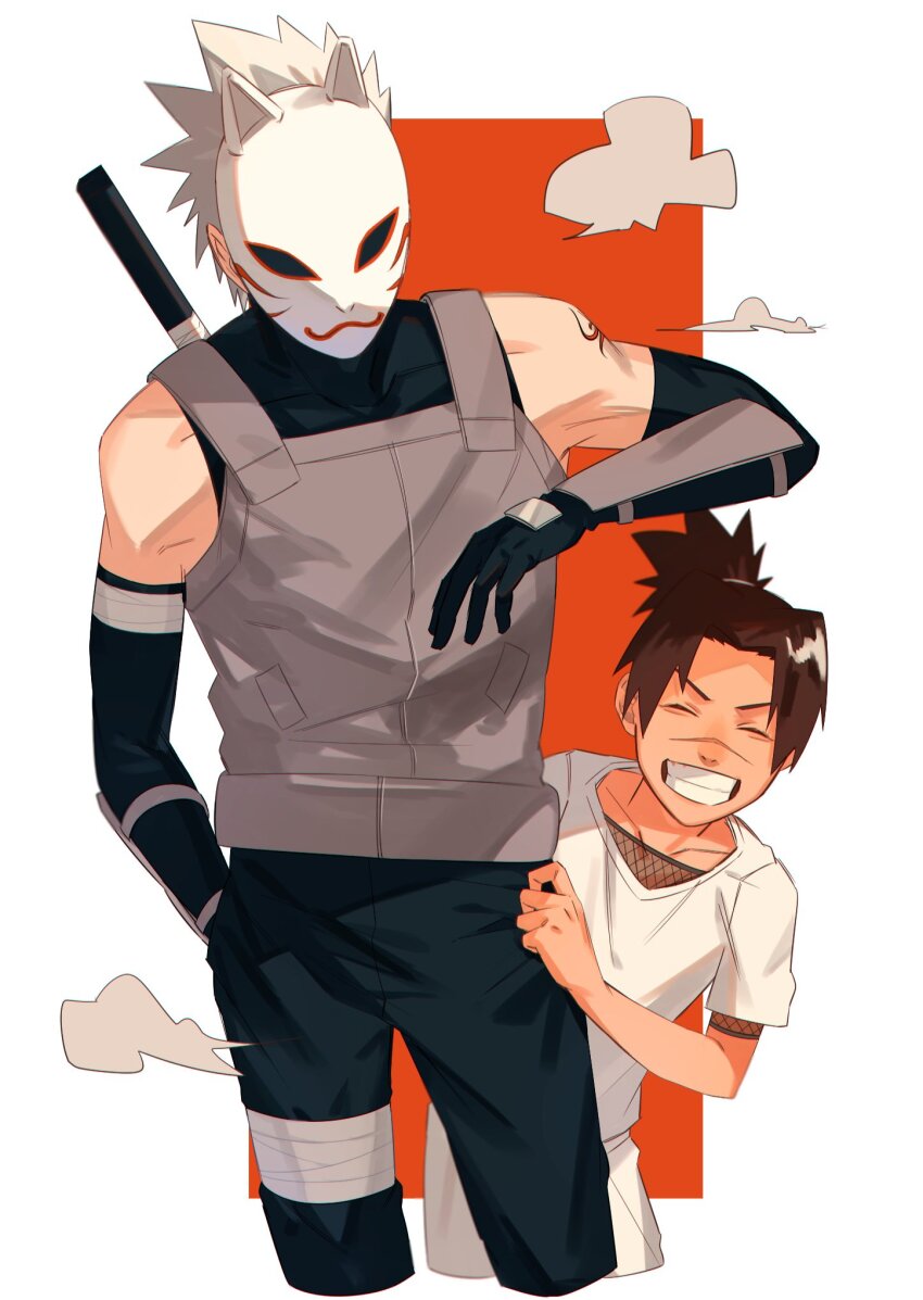 2boys black_gloves black_pants black_shirt brown_hair closed_eyes facing_viewer fox_mask gauntlets gloves grey_hair grey_vest grin hatake_kakashi highres male_focus mask mirin_(coene65) multiple_boys naruto_(series) pants peeking_out ponytail scar scar_on_face shirt shoulder_tattoo smile smoke sword sword_on_back tattoo umino_iruka vest weapon weapon_on_back white_pants white_shirt
