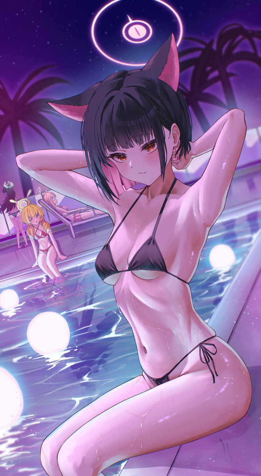 4girls absurdres airi_(blue_archive) animal_ears aqua_halo armpits ass bikini black_bikini black_hair blonde_hair blue_archive blue_bikini blush breasts cat_ears chair closed_mouth collarbone colored_inner_hair commentary english_commentary extra_ears hair_behind_ear halo highres kazusa_(blue_archive) mack_(13mcqn) medium_hair multicolored_hair multiple_girls natsu_(blue_archive) navel night night_sky outdoors palm_tree pink_bikini pink_eyes pink_hair pink_halo pool red_bikini sitting sky solo_focus star_(sky) starry_sky stomach swimsuit thighs tree two-tone_hair yellow_eyes yoshimi_(blue_archive)