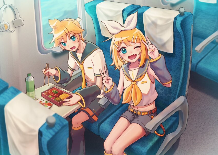 above_clouds ahoge airplane_interior aqua_eyes bare_shoulders bass_clef belt belt_buckle bento blonde_hair bow breasts buckle chopsticks close-up cloud detached_sleeves double_v eating embarrassed fang grey_leg_warmers grey_sailor_collar grey_shorts grey_sleeves hair_between_eyes hair_bow hair_ornament hairclip headphones headphones_removed headset headset_removed highres holding holding_chopsticks hunched_over kagamine_len kagamine_rin leg_warmers looking_at_viewer midriff namazakana_yeah navel neckerchief necktie one_eye_closed parallel_hairclips plastic_bottle ponytail sailor_collar shirt short_ponytail short_sleeves shorts sitting skin_fang sleeveless sleeveless_shirt small_breasts surprised swept_bangs treble_clef v vocaloid white_bow white_footwear yellow_belt yellow_neckerchief yellow_necktie