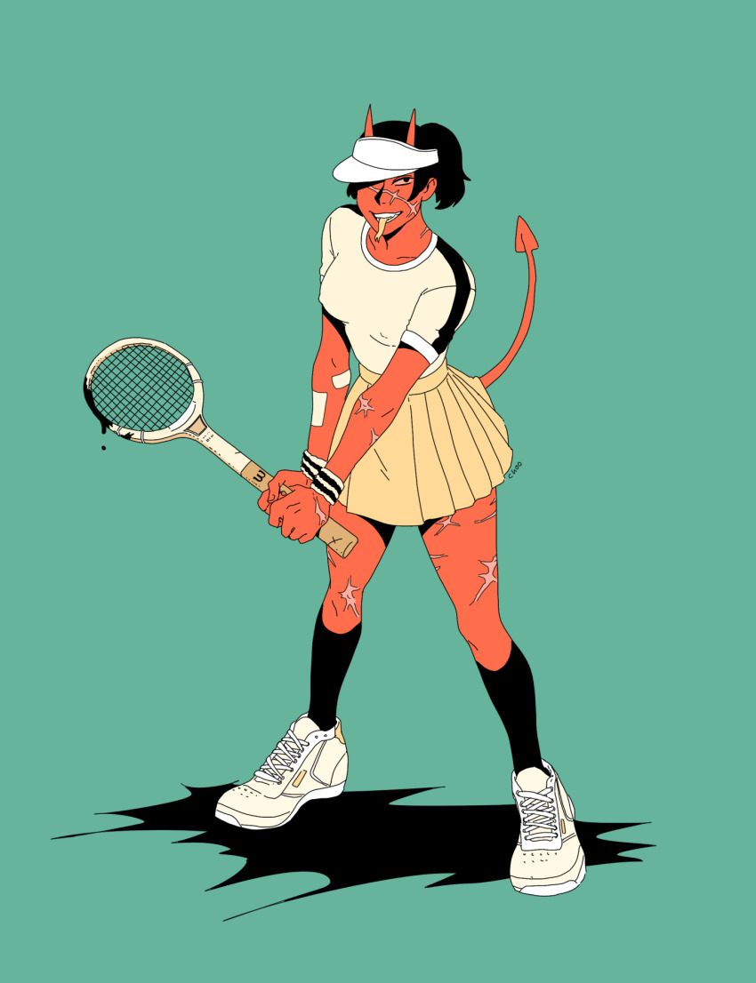 1girl bandaid bandaid_on_arm black_blood black_eyes black_hair black_socks blood breasts choo color_contrast colored_sclera colored_skin colored_tongue covered_erect_nipples demon_girl demon_horns demon_tail forked_tongue full_body green_background highres holding holding_tennis_racket horns kneehighs looking_at_viewer medium_breasts orange_sclera original pleated_skirt racket red_horns red_skin red_tail scar scar_on_arm scar_on_face scar_on_leg shirt shoes short_sleeves simple_background skin-covered_horns skirt smile sneakers socks solo sportswear standing striped_wristband t-shirt tail tennis_racket tongue tongue_out wristband yellow_shirt yellow_shoes yellow_skirt yellow_tongue