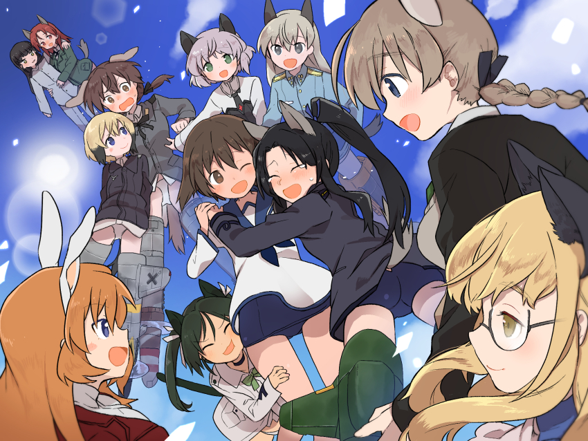 501st_joint_fighter_wing 6+girls animal_ears black_hair black_jacket blonde_hair blue_jacket blue_one-piece_swimsuit blue_sailor_collar blue_sky blush braid brown_hair cat_ears cat_girl cat_tail charlotte_e._yeager closed_eyes cloud dog_ears dog_girl dog_tail eila_ilmatar_juutilainen erica_hartmann flying fox_ears fox_girl fox_tail francesca_lucchini gertrud_barkhorn glasses green_jacket hair_down happy hattori_shizuka highres hug ika_(hinatu1992) jacket long_hair lynette_bishop military military_uniform minna-dietlinde_wilcke miyafuji_yoshika multiple_girls no_eyepatch no_pants one-piece_swimsuit one_eye_closed open_mouth orange_hair outdoors panties perrine_h._clostermann rabbit_ears rabbit_girl rabbit_tail red_hair red_jacket sailor_collar sakamoto_mio sanya_v._litvyak school_swimsuit school_uniform short_hair sky strike_witches striker_unit sun swimsuit swimsuit_under_clothes tail twintails underwear white_jacket white_panties world_witches_series yellow_eyes