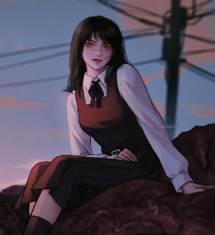 1girl black_dress black_hair breasts chainsaw_man commentary cross_scar czy_(2894456992) dress facial_scar fourth_east_high_school_uniform highres long_sleeves medium_breasts medium_dress orange_eyes parted_lips pinafore_dress pleated_dress ringed_eyes scar scar_on_cheek scar_on_face scar_on_nose school_uniform sitting sleeveless sleeveless_dress smile solo utility_pole yoru_(chainsaw_man)