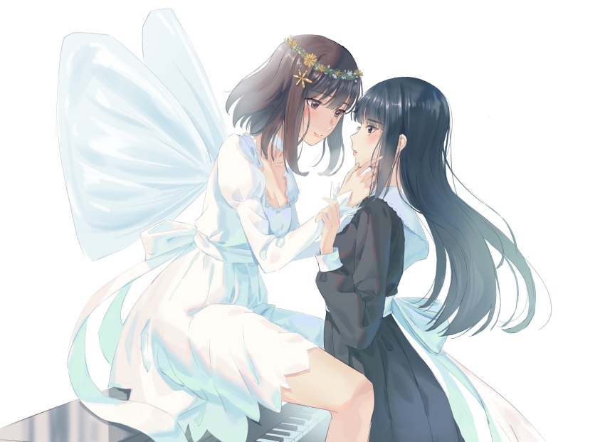 2girls absurdres back_bow black_hair blush bow brown_hair choker dress floating_hair flower flowers_(innocent_grey) from_side hair_flower hair_ornament hand_on_another&#039;s_chin hand_on_another&#039;s_wrist head_wreath highres instrument juliet_sleeves kafkasea kousaka_mayuri long_hair long_sleeves looking_at_another multiple_girls parted_lips piano profile puffy_sleeves school_uniform shirahane_suou short_hair sitting sitting_on_piano smile white_background white_bow white_choker white_dress wings yuri